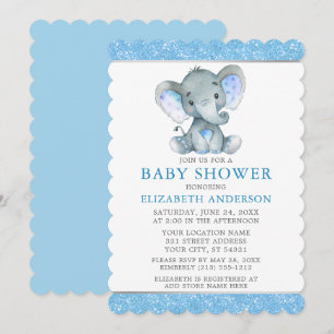 Invitation Baby shower Parties scintillant bleu Eléphant Aqua