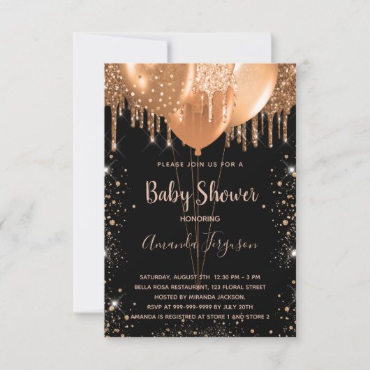 Invitation Baby shower parties scintillant en or noir (Devant)