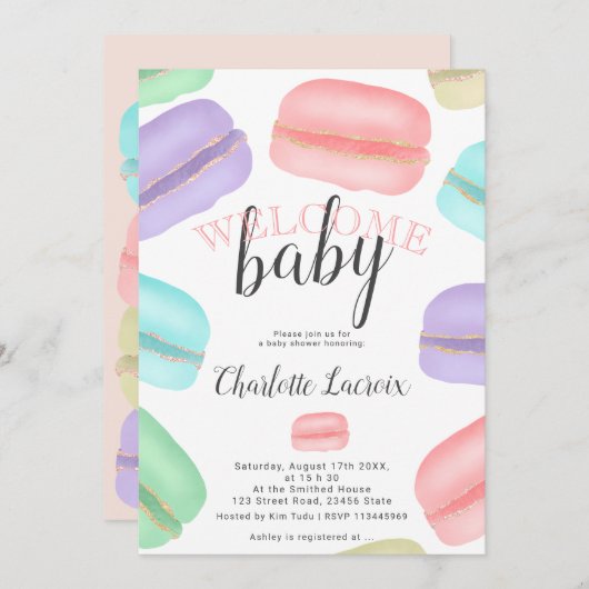 Invitation baby shower parties scintillant macarons français (Devant / Derrière)