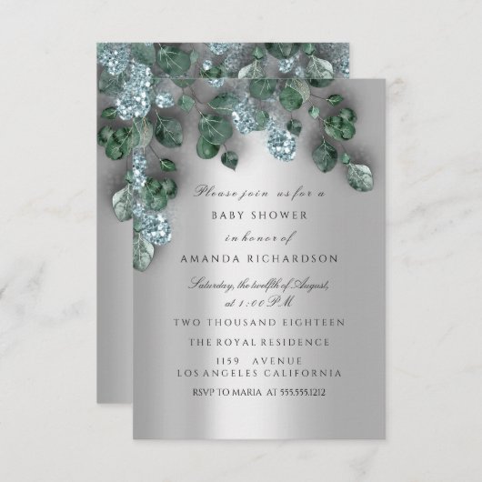 Invitation Baby shower Parties scintillant Pieds gris Eucalyp (Devant / Derrière)