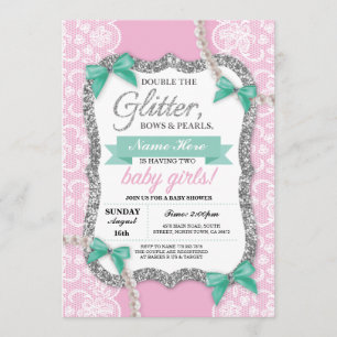 Invitation Baby shower Parties scintillant rose Bow Twins Fil