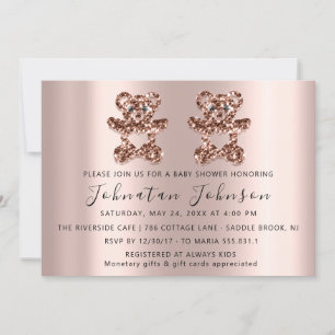 Invitation Baby shower Parties scintillant Rose Jumeaux ours