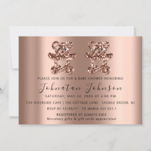 Invitation Baby shower Parties scintillant Rose Jumeaux Ours