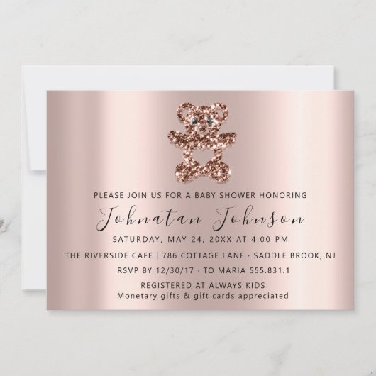 Invitation Baby shower Parties scintillant Rose Ours doux Gar (Devant)