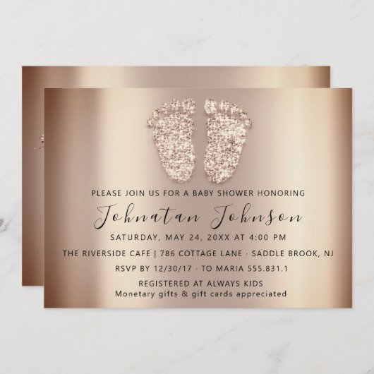 Invitation Baby shower Parties scintillant Rose Pieds World G (Devant / Derrière)