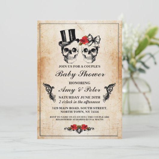 Invitation Baby shower Party Rose crâne Couples (Debout devant)