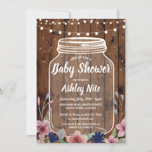 Invitation Baby shower Party Rustic Jar Wood Floral Invitatio (Devant)