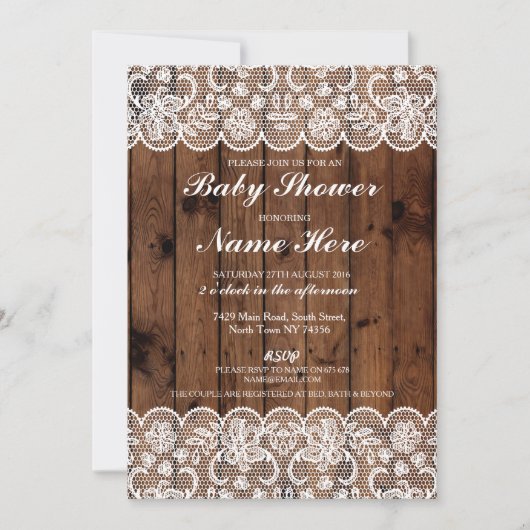 Invitation Baby shower Party Rustic Wood dentelle garçon fill (Devant)