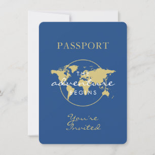 Invitation Baby shower Passport thème Voyage Blue Gold