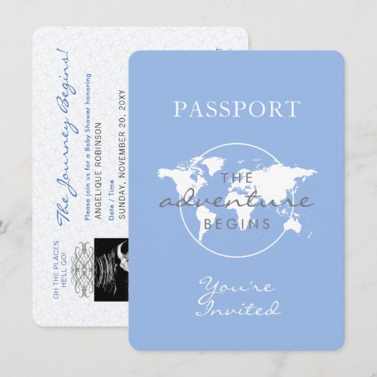 Invitation Baby shower Passport Voyage Thème Dusty Blue (Devant / Derrière)