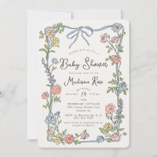Invitation Baby Shower Pastel Bleu Floral Vintage Élégant