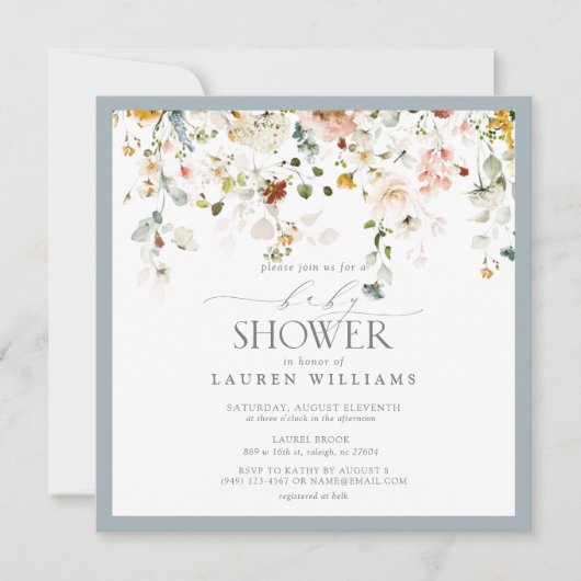 Invitation Baby shower Pastel Blue Floral Drop Script (Devant)