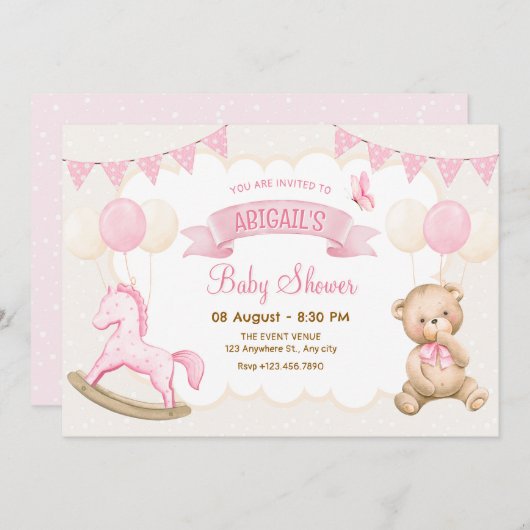 Invitation Baby shower pastel crème rose (Devant / Derrière)