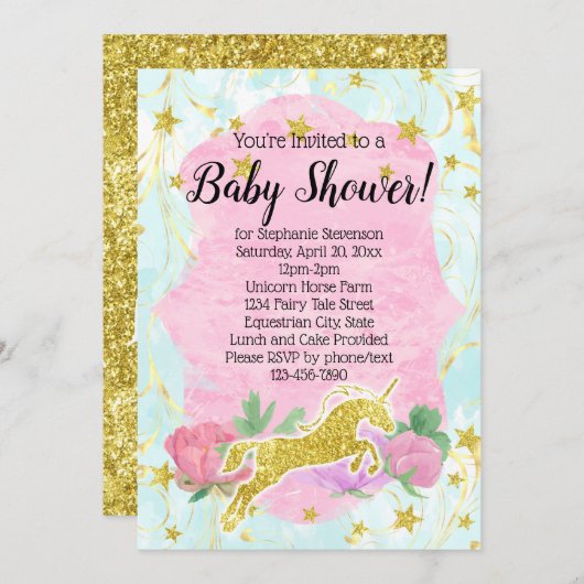 Invitation Baby shower Pastel Gold Unicorn (Devant / Derrière)