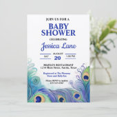 Invitation Baby shower Pastel Green et Blue Peacock Feathes (Debout devant)