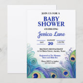 Invitation Baby shower Pastel Green et Blue Peacock Feathes (Devant / Derrière)