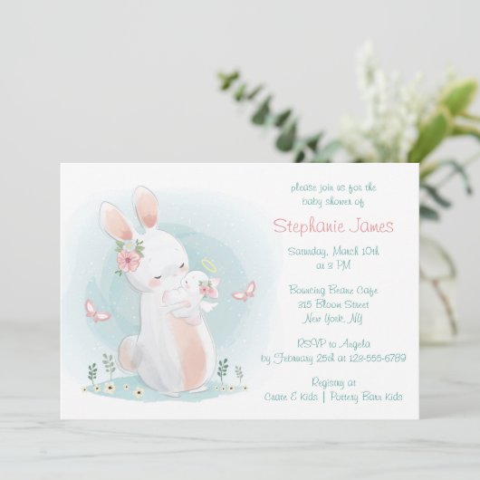 Invitation Baby shower Pastel Mère et Bébé Lapin (Debout devant)
