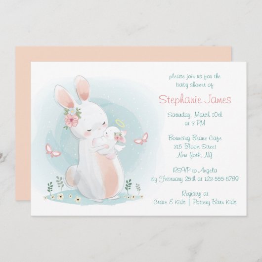Invitation Baby shower Pastel Mère et Bébé Lapin (Devant / Derrière)