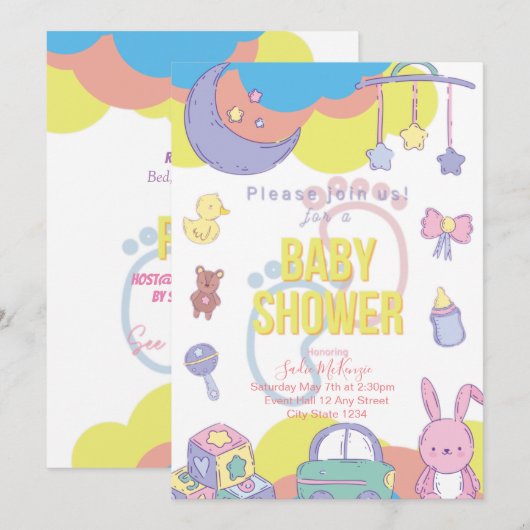 Invitation Baby shower Pastel neutre pour les femm (Devant / Derrière)