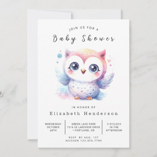 Invitation Baby shower Pastel Owl classique (Devant)