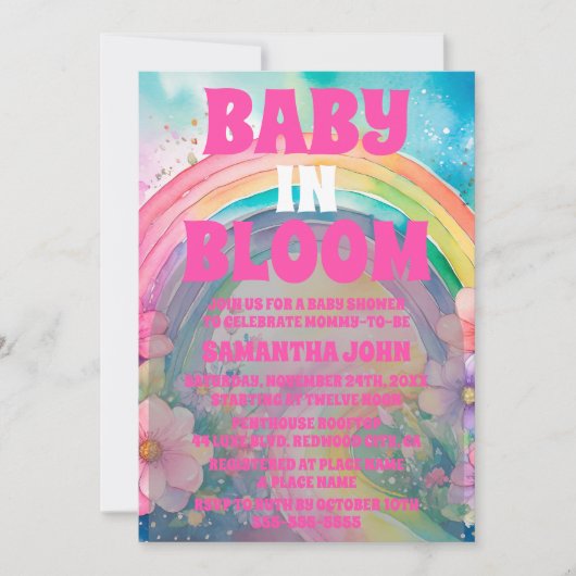 Invitation Baby shower Pastel Pink Arc en ciel et Fleurs (Devant)