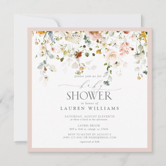 Invitation Baby shower Pastel Pink Floral Drop Script (Devant)