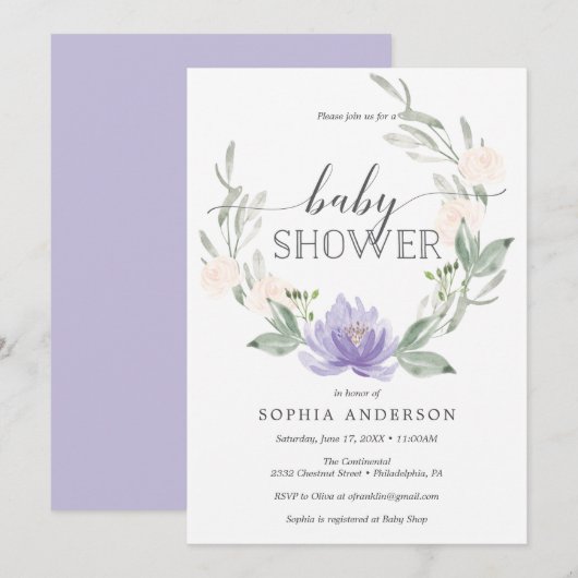 Invitation Baby shower Pastel Purple (Devant / Derrière)