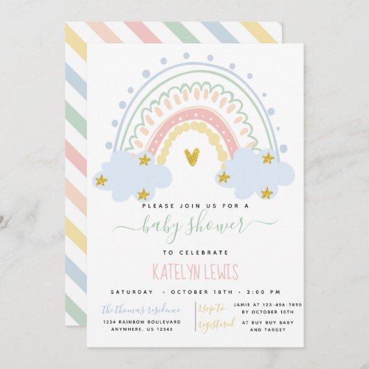 Invitation Baby shower Pastel Rainbow (Devant / Derrière)