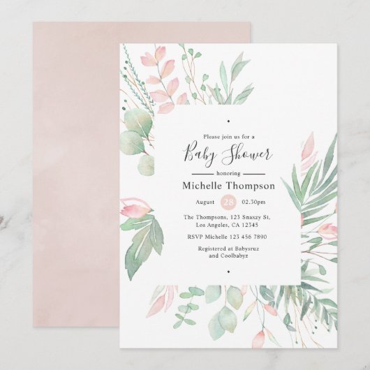 Invitation Baby Shower Pastel Rose et Verdure (Devant / Derrière)
