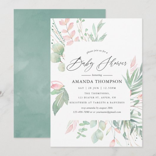 Invitation Baby Shower Pastel Rose et Verdure (Devant / Derrière)