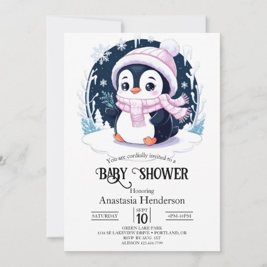 Invitation Baby shower Pastel Snow Penguin (Devant)