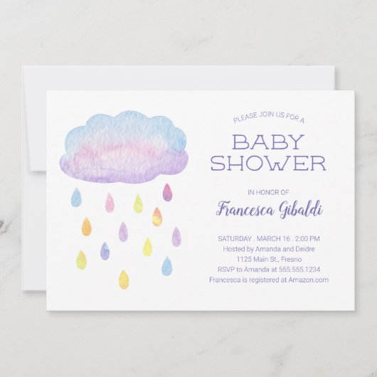 Invitation Baby shower Pastel Watercolor Cloud Raindrops (Devant)