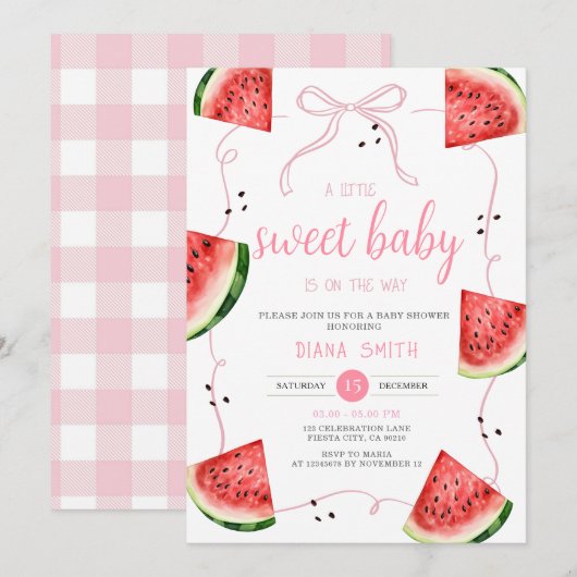 Invitation Baby Shower Pastèque à Ruban Rose (Devant / Derrière)