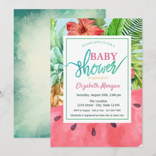 Invitation Baby Shower Pastèque Feuilles de Palmier à Ananas (Devant / Derrière)