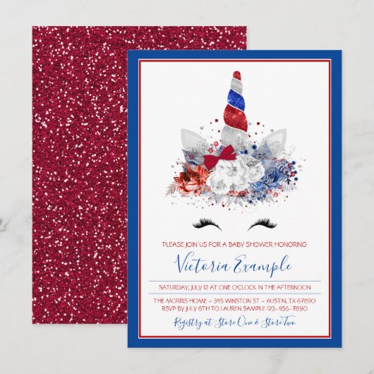 Invitation Baby shower patriotique Unicorne Rouge Blanc Bleu  (Devant / Derrière)