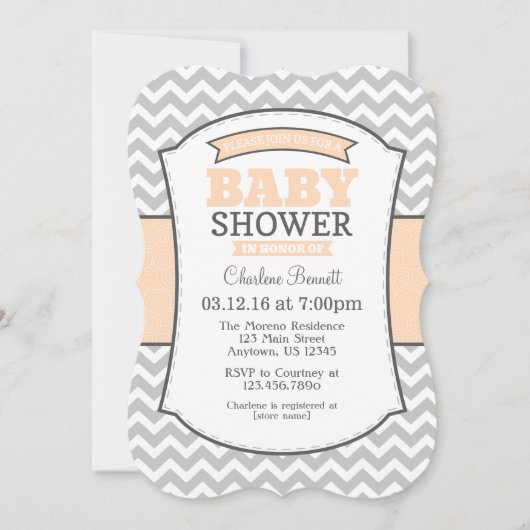 Invitation Baby shower Peach Grey Chevron (Devant)