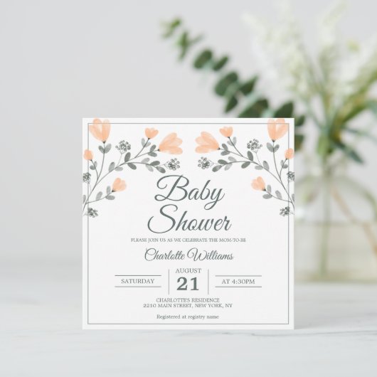 Invitation Baby shower Peach Sage Vert Fleurs délicates (Debout devant)