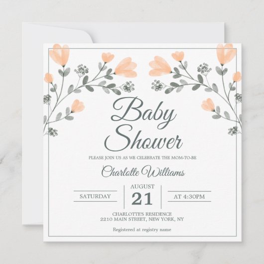 Invitation Baby shower Peach Sage Vert Fleurs délicates (Devant)