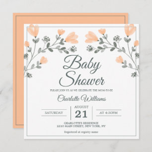 Invitation Baby shower Peach Sage Vert Fleurs délicates