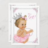 Invitation Baby shower Pearl Princess Ballerina Pink Tutu Bow (Devant / Derrière)