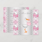 Invitation Baby shower Pearls Pink Stork (Devant / Derrière)