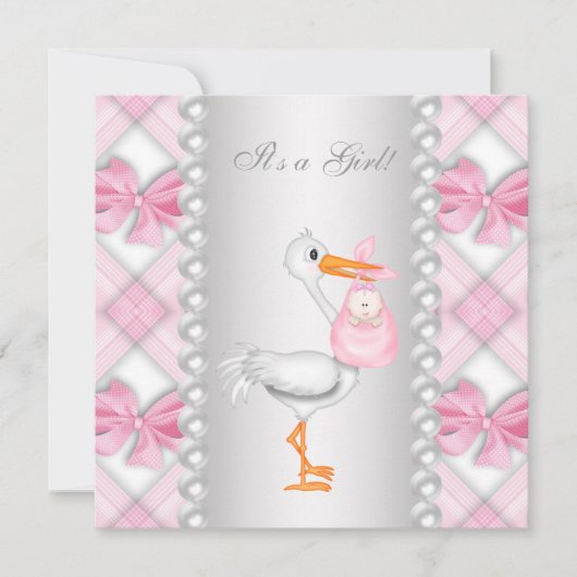 Invitation Baby shower Pearls Pink Stork (Devant)