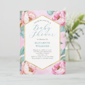 Invitation Baby shower Peonies vertes à la menthe rose (Debout devant)