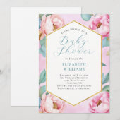Invitation Baby shower Peonies vertes à la menthe rose (Devant / Derrière)