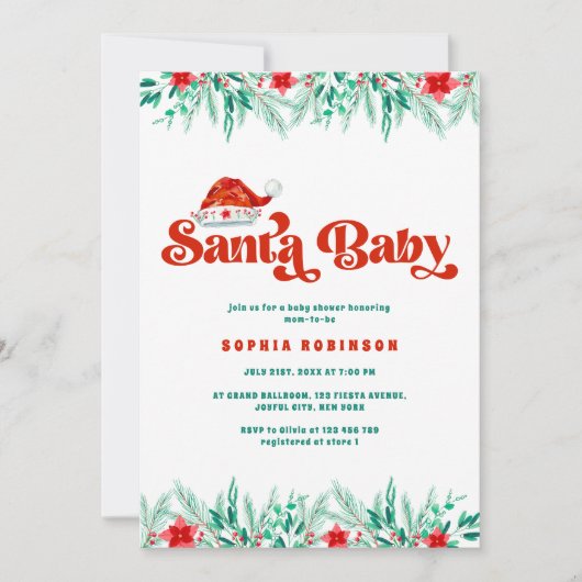 Invitation Baby shower Père Noël Retro Script Winter Greenery (Devant)