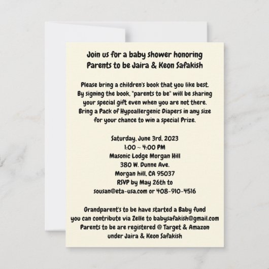 Invitation baby shower personnalisé (Dos)