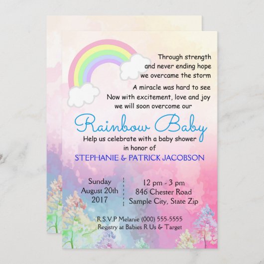 Invitation Baby shower personnalisé arc-en-ciel léger RSVP (Devant / Derrière)