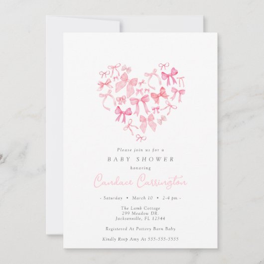 Invitation Baby shower personnalisé Pink Heart Bow (Devant)