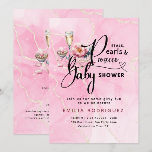 Invitation Baby shower Petals Pearls Prosecco (Devant / Derrière)