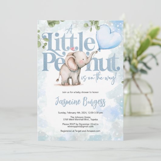 Invitation Baby shower petit arachide éléphant (Debout devant)